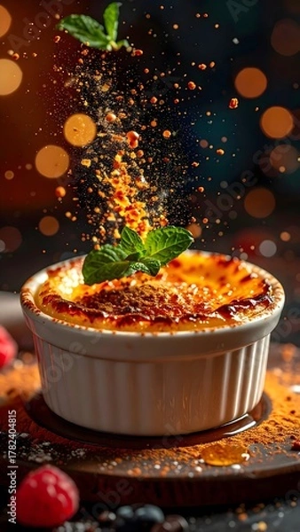 Obraz Delicious caramelized br?l?e dessert in a white ramekin with fresh mint leaves, sugar sprinkle, and warm glow background for tasty sweet treat presentation