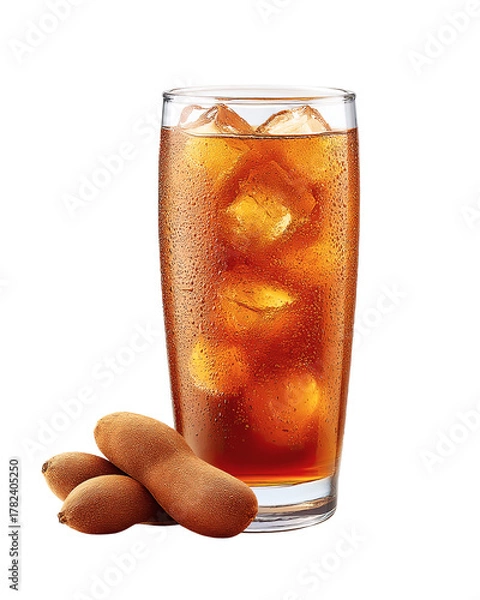 Fototapeta Tamarind juice isolated PNG die-cut, refreshing tamarind drink with ice cubes, realistic cold beverage photo, natural sweet tamarind juice for summer drink design and healthy product branding