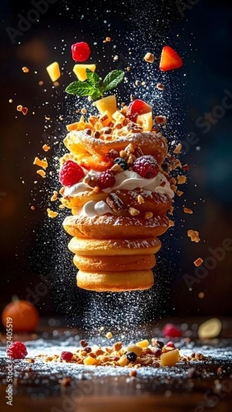 Obraz Creative dessert tower with layered pastries fresh fruit and colorful toppings midair explosion on dark background high detail and vibrant colors
