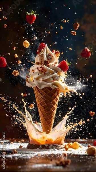 Obraz Delicious ice cream cone with strawberries and chocolate falling, splash effect, dessert treat, cold summer snack, tasty sweet, creamy swirl, dynamic action shot