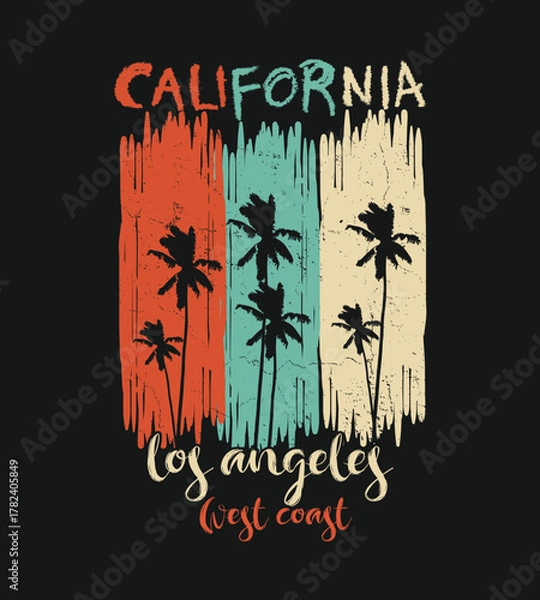 Fototapeta Retro california los angeles west coast graphic t-shirt design with palm trees and distressed vertical stripes on black background