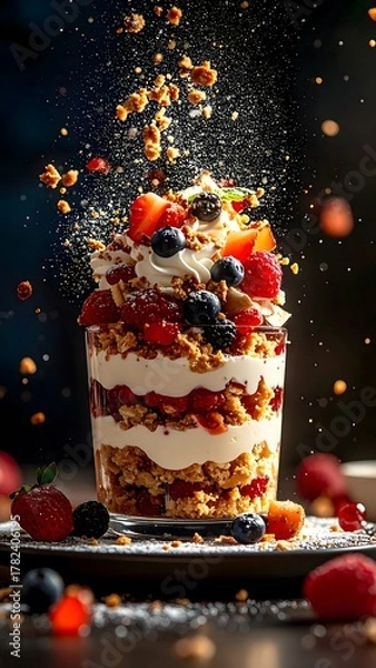 Obraz Tall layered cake with fresh berries cream frosting chocolate crumble dripping effect festive dessert celebration sweet induence