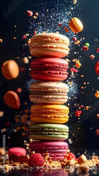 Obraz Vibrant colorful macarons tower with scattered crumbs and floating cookies on dark background, sweet dessert display with variety of flavors and textures