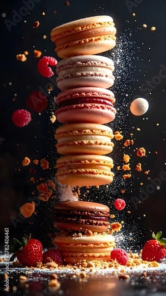 Obraz Elegant tower of colorful macarons with fresh strawberries and vibrant crumbs suspended in midair against a dark background, sweet dessert for celebrations and treats