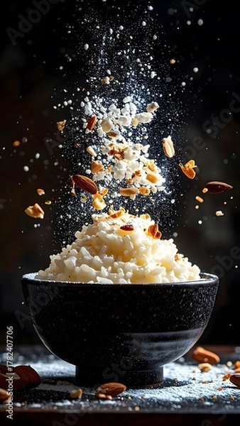 Obraz Dynamic high-speed shot of crushed cookies and nuts splatte into a black bowl with powdered sugar and falling ingredients on dark background