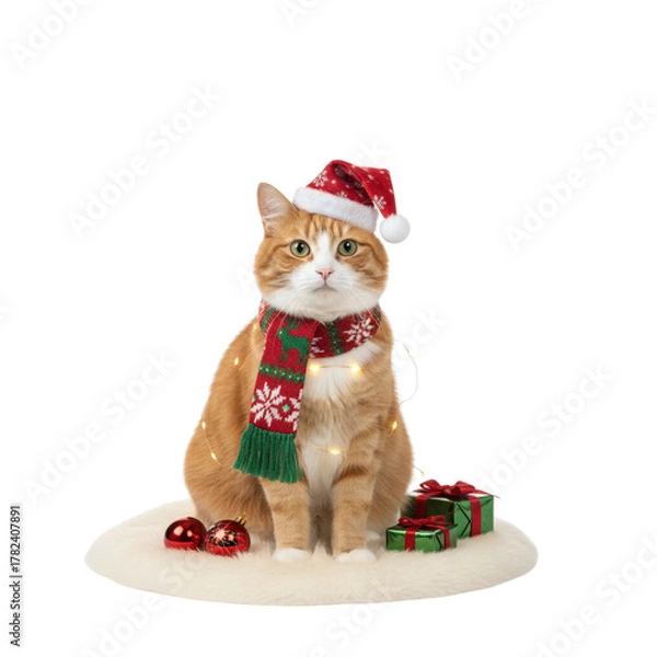 Fototapeta Cat in Santa hat and red scarf near presents on fluffy rug isolated on transparent or white background, png