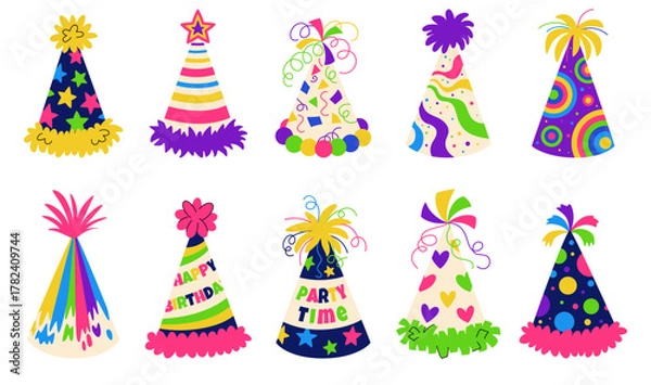 Fototapeta Cartoon party hats set. Bright decorative caps with confetti, stars, patterns, and embellishments. Perfect for birthday parties, childrens parties, holiday events, invitations, greeting cards.