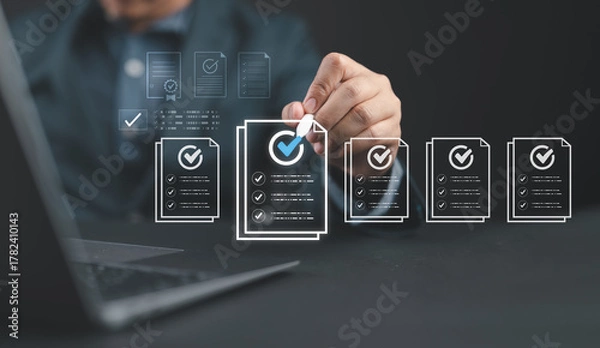Fototapeta Businessman showing online document validation icon, quality assessment management With a checklist, business document evaluation process, market data report analysis and consulting.