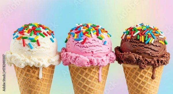 Fototapeta Three Ice Cream Cones with Sprinkles on a Colorful Background.
