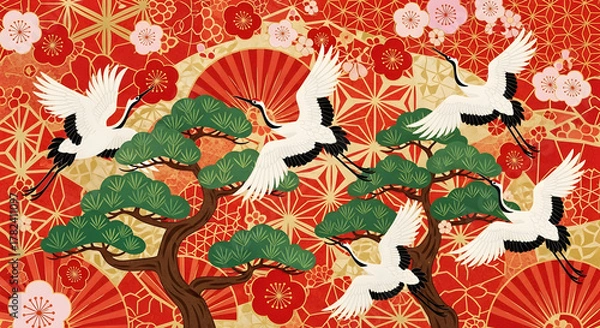 Obraz 鶴と桜と金箔風模様｜華やかな和風お正月デザイン