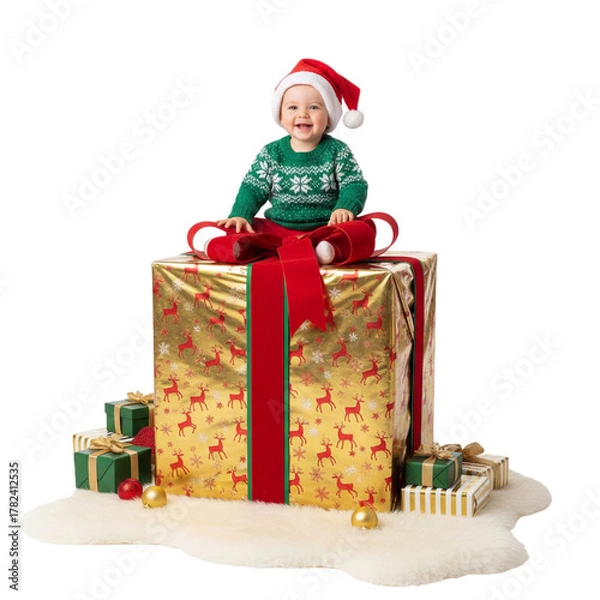 Fototapeta Child in Santa hat sitting on a large gift box isolated on transparent or white background, png
