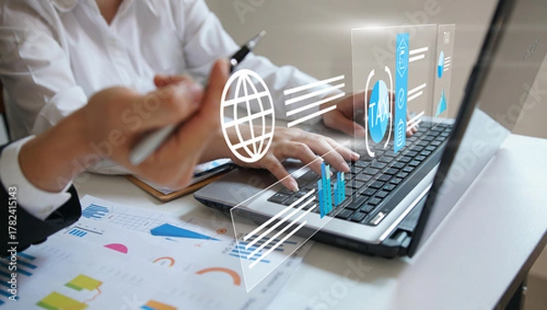 Fototapeta businessman organizing tax checklist through virtual interface. Tax planning services to maximize tax savings and optimize business finances