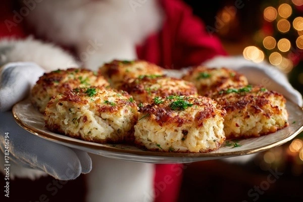 Fototapeta Person holding plate of crab cakes, golden brown, crispy, topped with parsley. Concept of festive celebration around Christmas tree, highlighting golden crab patties with spices.