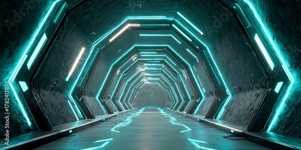 Fototapeta High tech sci fi corridor with cyan hexagon patterns