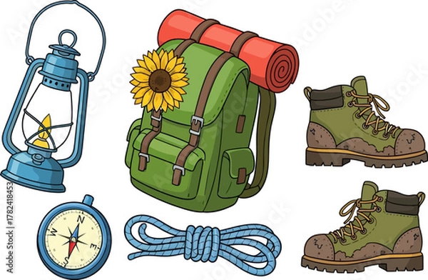 Fototapeta Camping equipment including a green backpack with sunflower, blue lantern, compass, hiking boots, and blue rope are arranged on a white background, creating a travel and outdoor adventure theme.