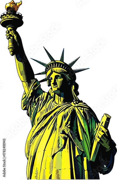 Fototapeta Stylized green-yellow statue holding a torch is depicted in a bold, graphic style against a white backdrop, conveying a sense of liberty, perfect for educational or historical projects.