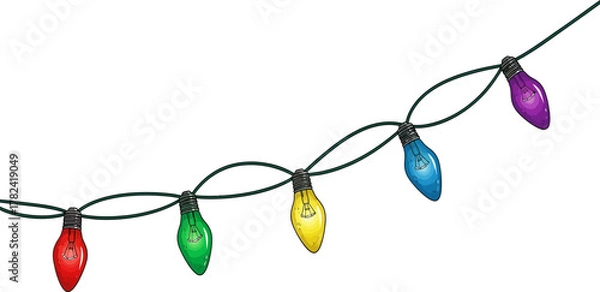 Fototapeta String of holiday lights featuring vibrant red, green, yellow, blue, and purple bulbs hanging on a dark green wire, set against a white background, ideal for holiday and party themes.