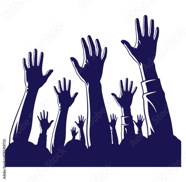 Fototapeta Upward reaching hands silhouette illustration representing voting election agreement or participation