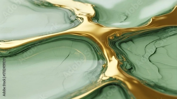 Fototapeta Fusion abstract background with elegant sage green and gold liquid marble pattern creating sophisticated flowing swirls and metallic veins