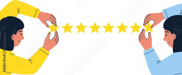 Fototapeta Two people illustrated in yellow and blue are placing bright yellow stars in a line, creating a positive rating or feedback concept for business and customer service visuals.