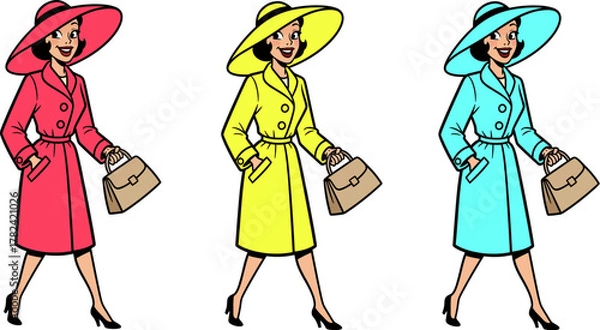Fototapeta Cartoon woman is walking wearing a stylish colorful coat, hat, and handbag against a white background in a bright, cheerful mood, suitable for fashion or lifestyle design projects.