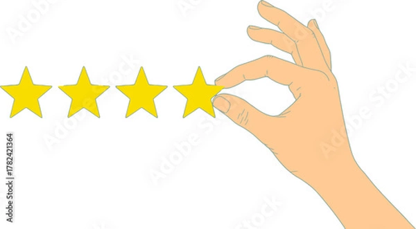 Fototapeta Hand is arranging four vivid yellow stars in a row on a clean white background, representing rating or review concepts, perfect for business, service, and feedback related marketing.