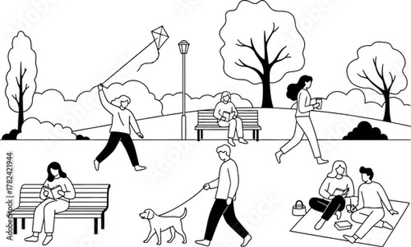 Fototapeta Linear graphic shows people relaxing, walking a dog, reading, picnicking and flying a kite in a black and white park setting promoting leisure activities.