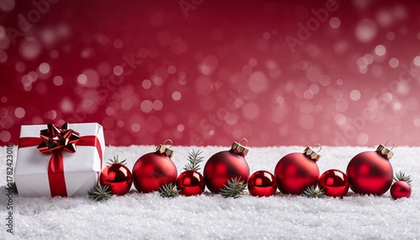 Obraz Christmas red baubles and gift box on snowy background with snow bokeh