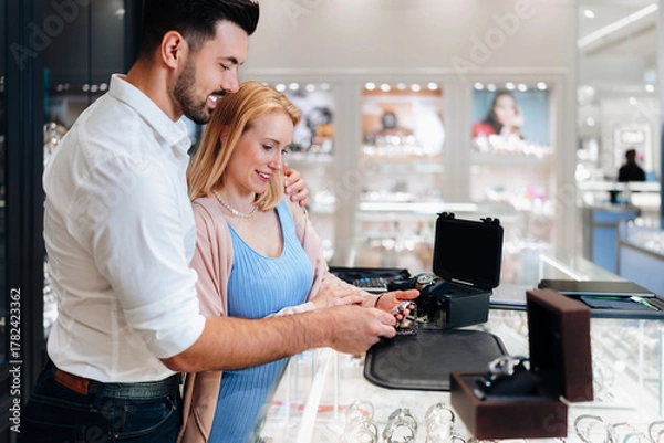 Fototapeta Elegant couple enjoying a moment in a jewelry store, trying on luxury watches while smiling and embracing, making a thoughtful purchase decision for a special occasion