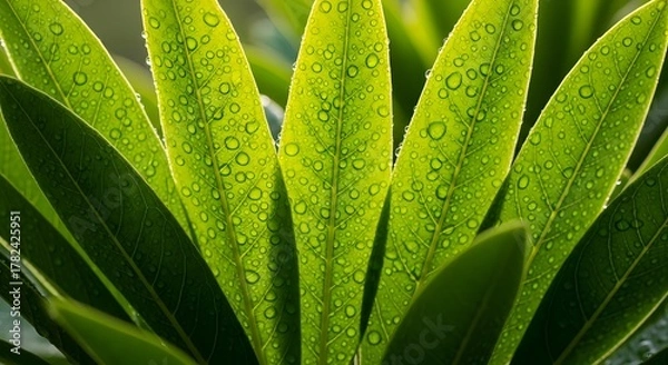 Fototapeta Intricate close-up of lush green leaves adorned with sparkling water droplets, illuminated by soft natural light, symbolizing purity, growth, and the refreshing essence of nature after a gentle rain
