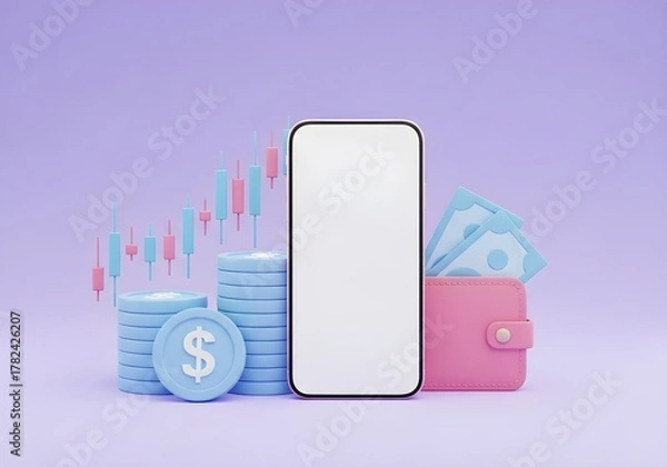 Fototapeta A minimalist rendering of a phone with financial elements on a lavender colored background scene