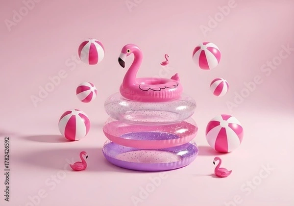 Fototapeta Pink flamingo float on stacked rings with beach balls on a pink background studio shot for summer vibes