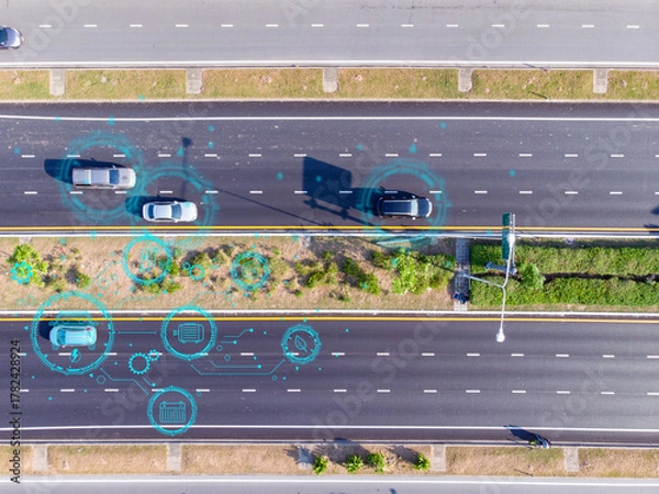 Fototapeta Top view of modern highway with autonomous cars using digital data connections and smart technology for intelligent transportation and traffic management.