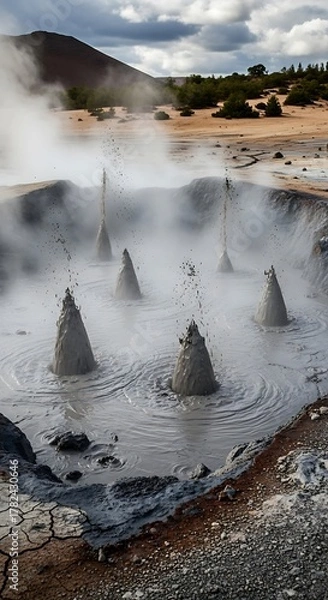 Fototapeta Geothermal Mud Pots Erupting in Icelands Landscape.