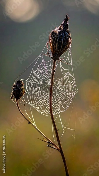 Fototapeta Close-up view of a delicate spiderweb covered with dew, attached to a dry plant