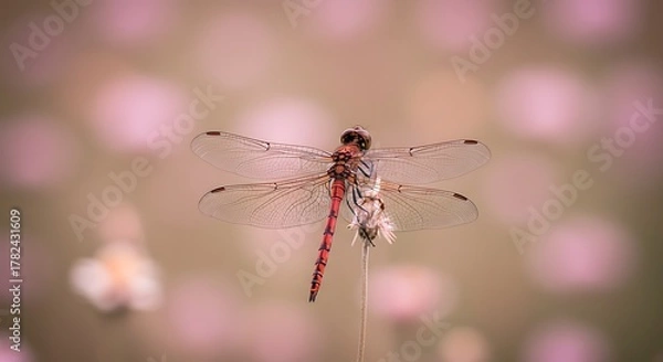 Fototapeta Close-up view of a dragonfly with transparent wings, perched on a dried flower, blurred background