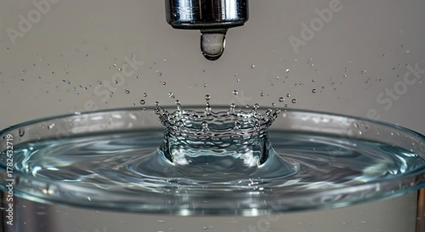 Fototapeta Close-up view of a faucet dripping water into a glass, creating a splash