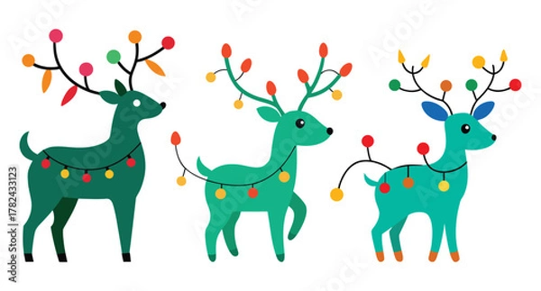 Obraz Three cartoon reindeer decorated with colorful Christmas lights holiday