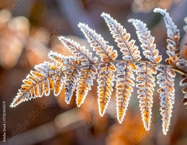 Fototapeta Close-up view of a frosted fern frond, displaying delicate details against a warm, blurred background