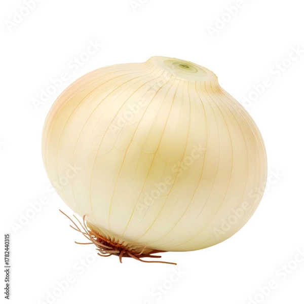 Fototapeta Single Whole Yellow Onion With Roots and Papery Skin Isolated on White Background Studio Shot