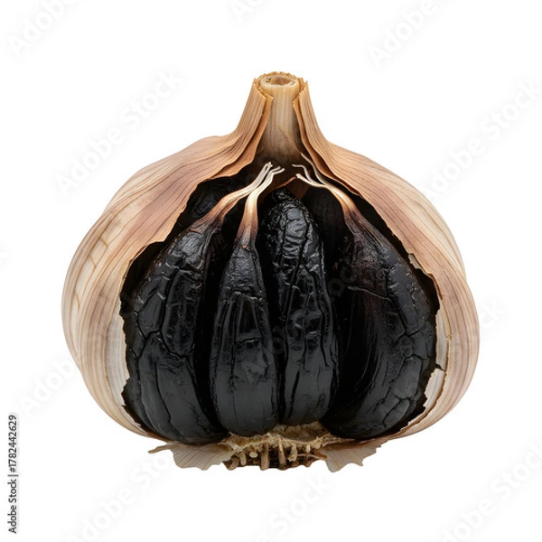 Obraz Whole Black Garlic Bulb With Outer Layers Peeled Revealing Dark Center