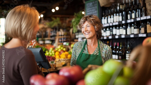 Fototapeta Small local grocery store: female shopkeeper kindly smiles a woman client behind a counter in a shop with fruits, vegetables and wine.