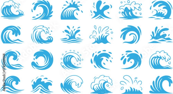 Fototapeta Collection of 25 blue wave icons and symbols representing various ocean and water movements, isolated on transparent background