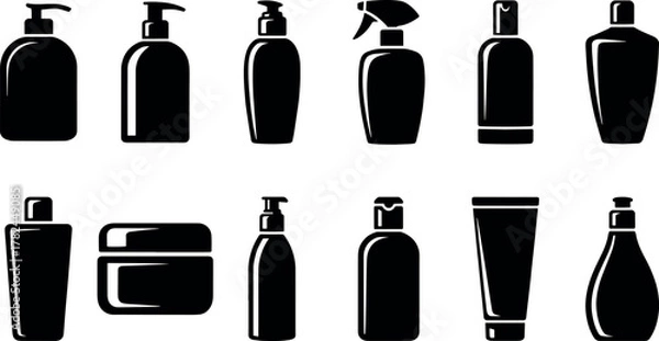 Fototapeta Collection of black cosmetic bottles and containers isolated on transparent background, including pump bottles, spray bottles, jars, and tubes, representing beauty and skincare products