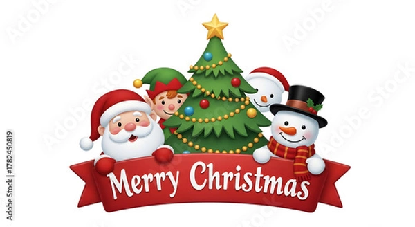 Obraz Christmas characters and tree with merry christmas banner isolated on transparent background