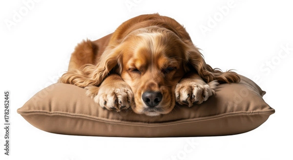 Fototapeta Golden cocker spaniel dog sleeping soundly on a comfy pillow