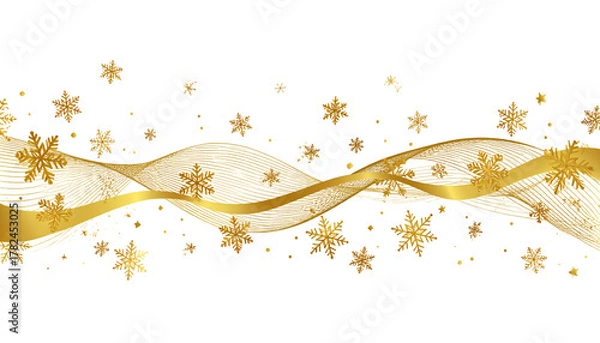Fototapeta Snowflakes border in wave shape.Golden snowflakes with stars border. Golden snowflakes wave vector. Christmas decoration. Template with a christmas elements .Snowflakes background on white background
