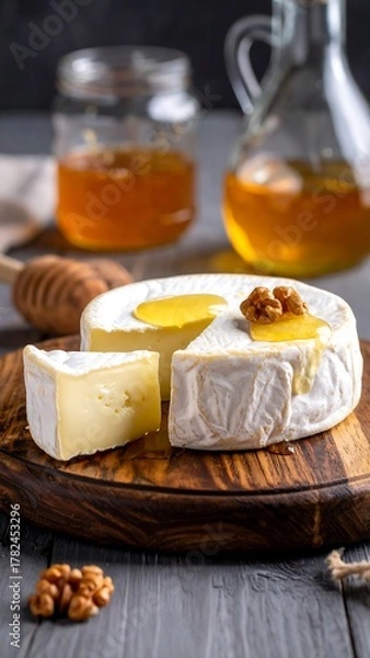 Obraz Camembert & piece drizzled with honey, walnut, on wooden board. Jars with honey on gray