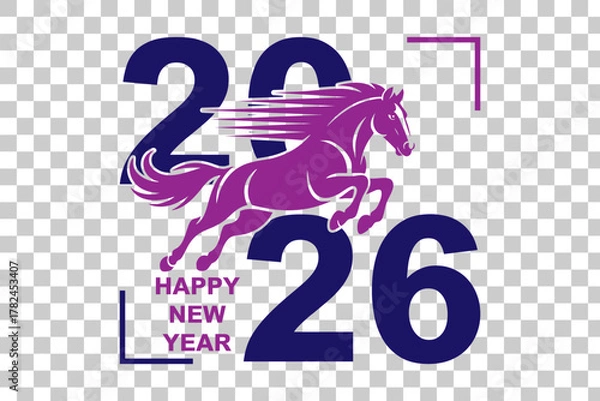 Fototapeta Happy New Year 2026 Typography Design with Running Horse Silhouette, Stylish Purple and Blue Color Vector Illustration for Holiday Greeting and Celebration