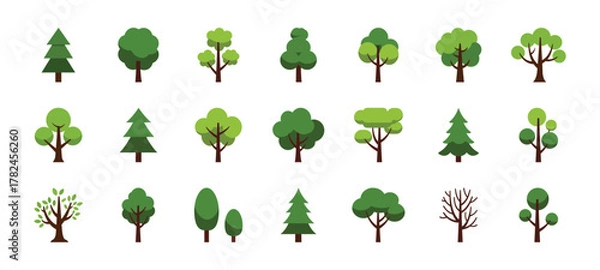 Obraz Variety of stylized flat design tree icons and illustrations, representing diverse natural elements and lush greenery